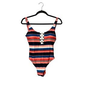 Michael Michael Kors Striped One Piece Swimsuit Size 8 Cutout Ring Detail